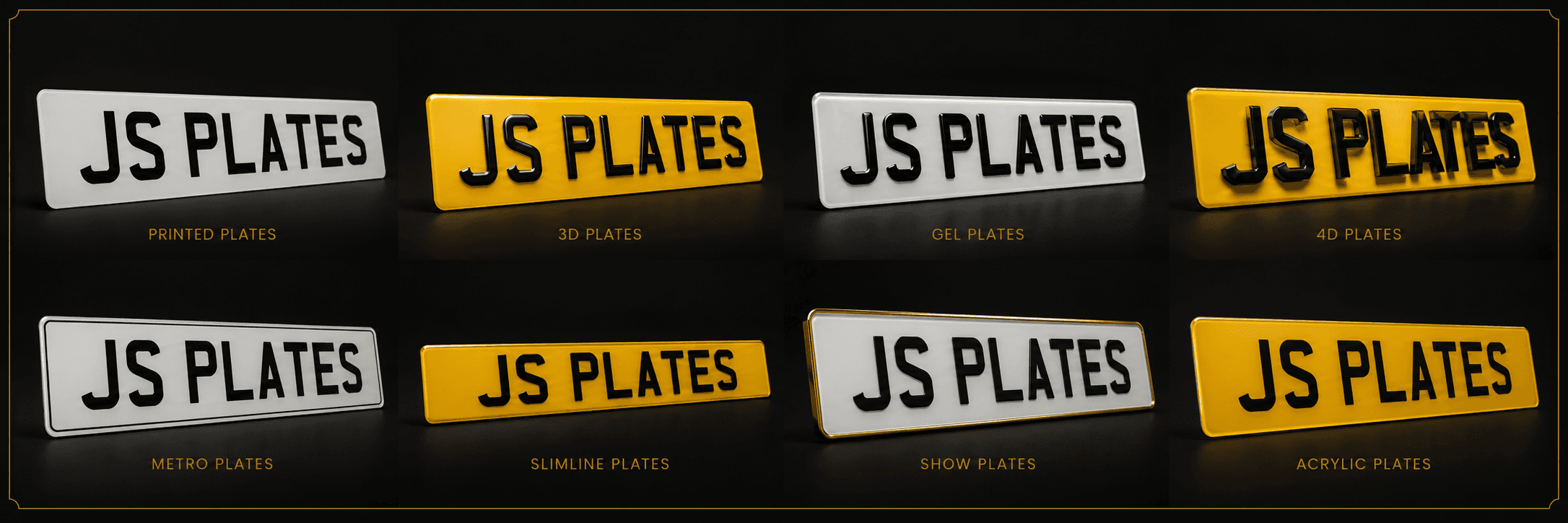 JS Plates finish examples including printed, 3D, gel, 4D, metro, slimline, show and acrylic plates